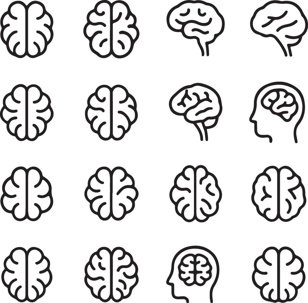 Sixteen Stylish Line Art Brain Icons A Collection of Neurological Symbols for Mental Health, Neurology, and Psychology Websites vector
