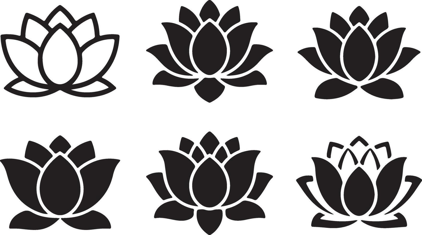 Six Elegant Black and White Lotus Flower Icons Serene, Symbolic Floral Designs for Peaceful Mood Boards and Meditation Spaces vector