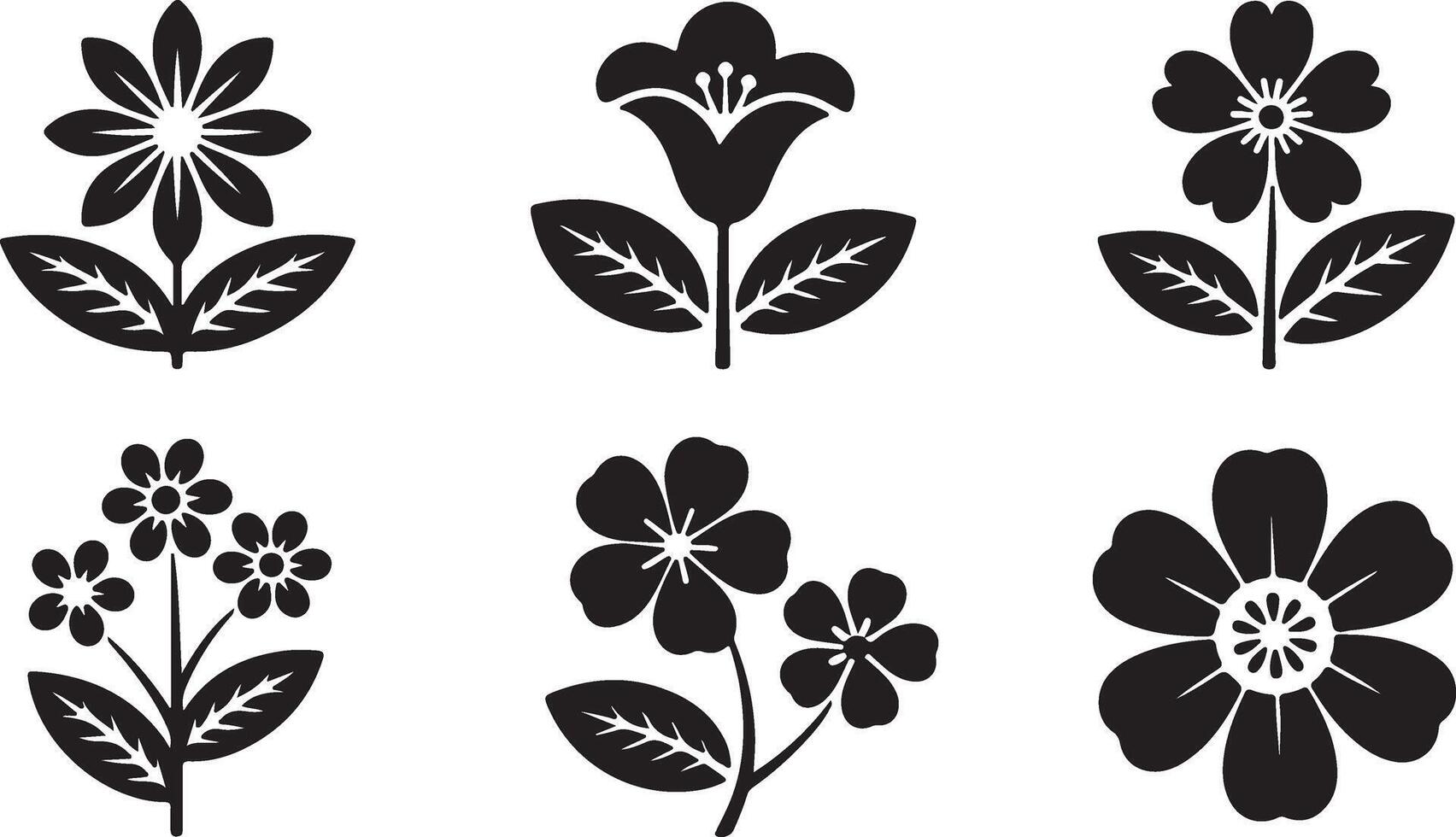 Six Elegant Black Silhouettes of Blooming Flowers in a Simple, Modern Style against a White Background vector
