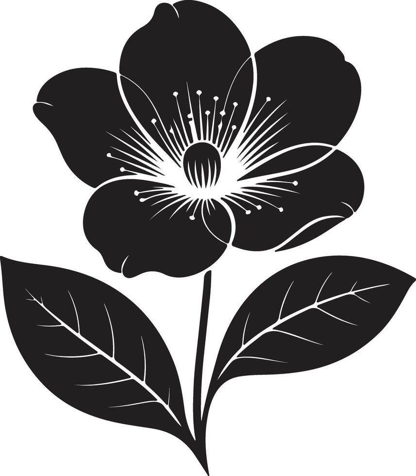 Elegant Black and White Silhouette of a Single Blooming Flower with Lush Leaves, Isolated on White Background, Evoking Serenity and Grace vector