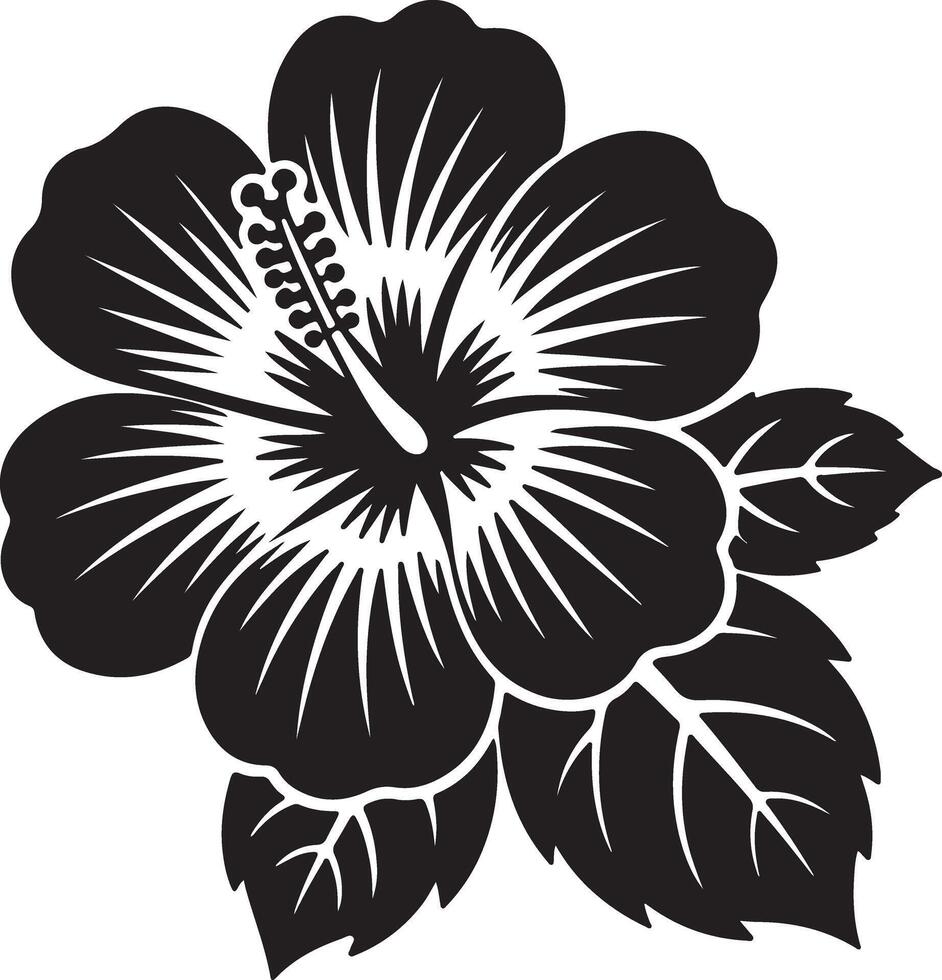 Elegant Black and White Hibiscus Flower Graphic A Stunning Floral Illustration with Bold Petals and Lush Leaves, Perfect for Tropical Designs vector