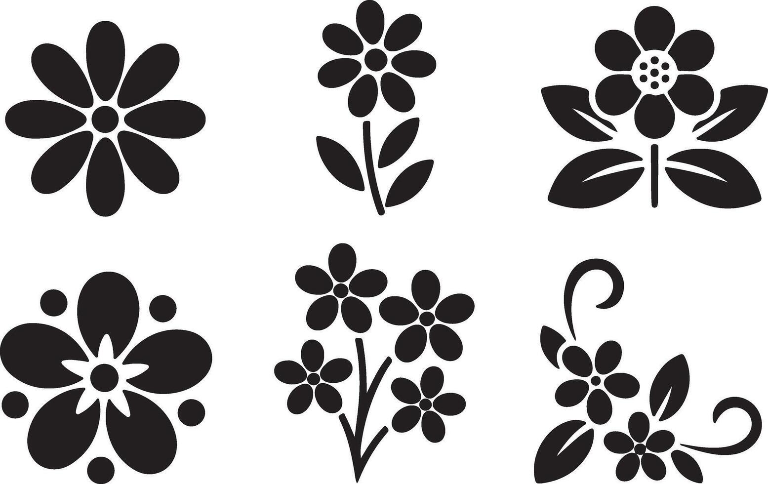 Six Elegant Black Floral Silhouettes Simple Flower Designs for Crafts, Decor, and Digital Art - Professional digital artwork with vibrant colors and detailed composition vector