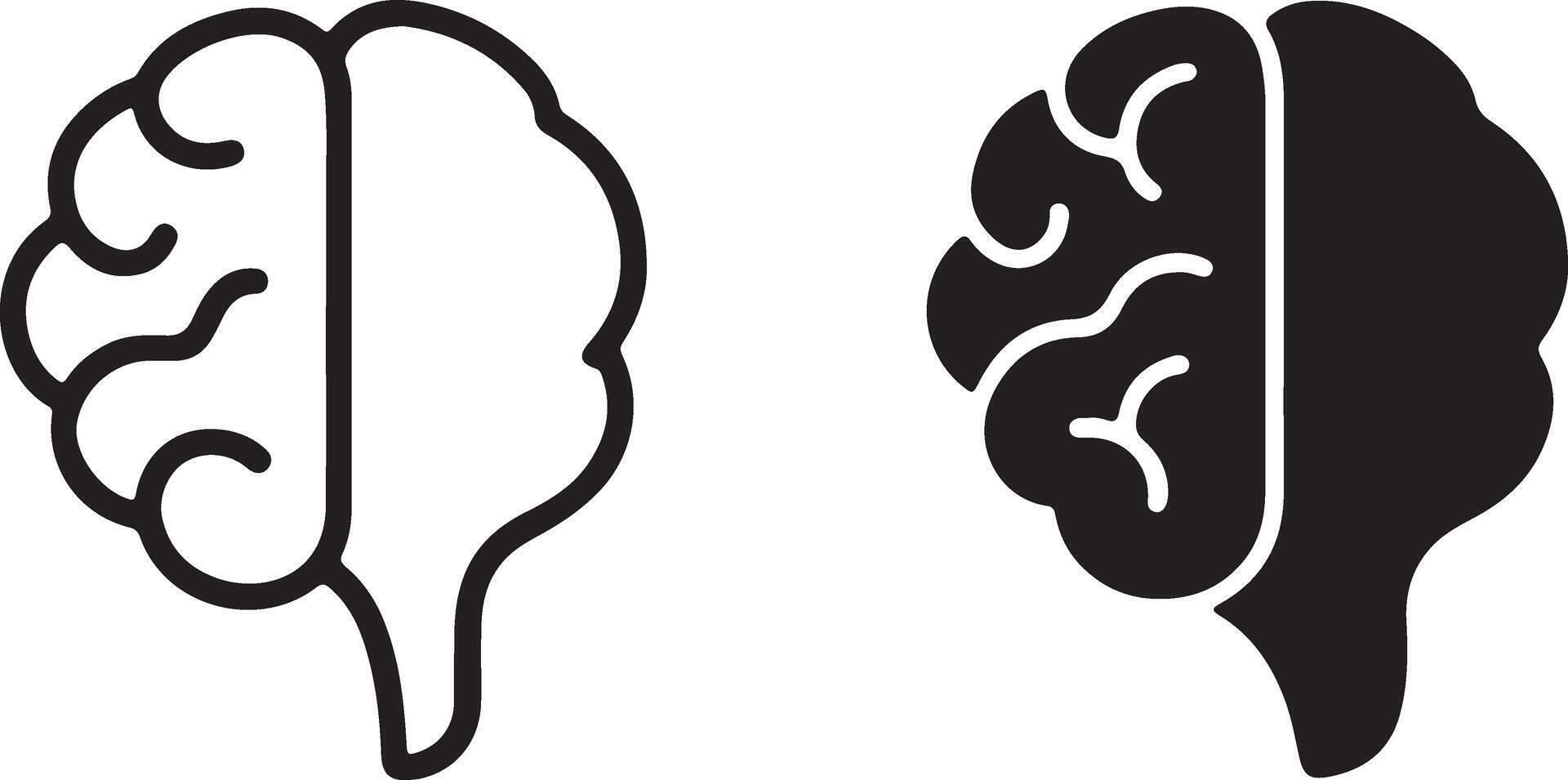 Two Striking Brain Illustrations Outline and Solid Black, Representing Human Intelligence and Cognitive Function - Professional digital artwork with vibrant colors and detailed composition vector