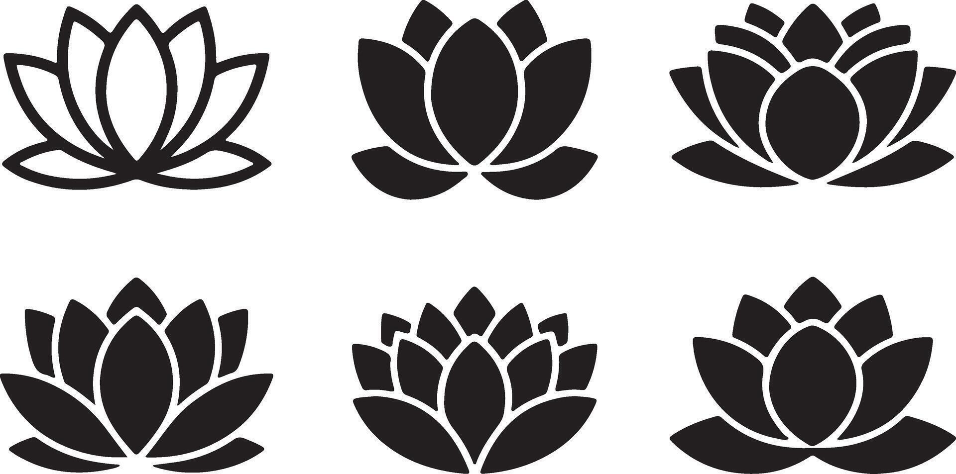 Six Elegant Black and White Lotus Flower Icons Peaceful Asian Floral Designs for Spiritual, Yoga, and Meditation Branding vector