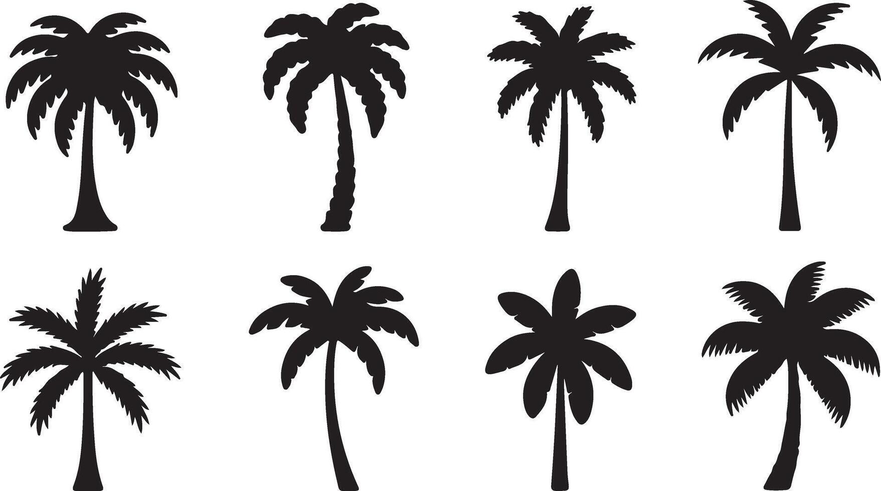 Eight Silhouettes of Tropical Palm Trees on White Background A Collection of Elegant and Moody Black and White Illustrations vector