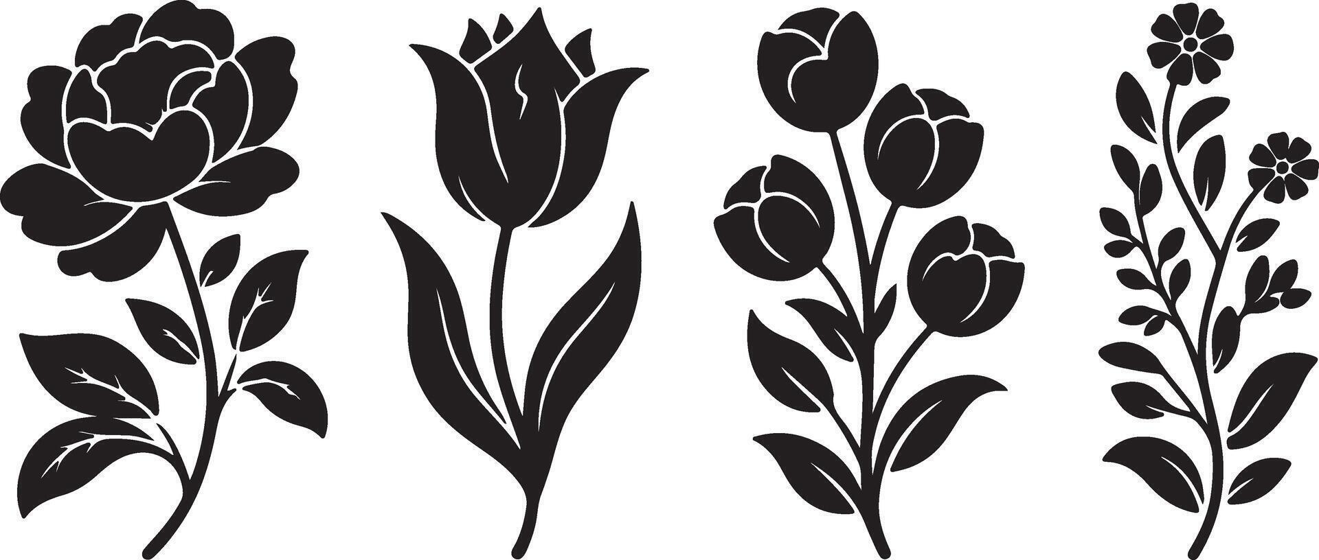 Elegant Black Silhouette Floral Designs Peonies, Tulips, and Wildflowers for Elegant Decorations and Stylish Prints vector
