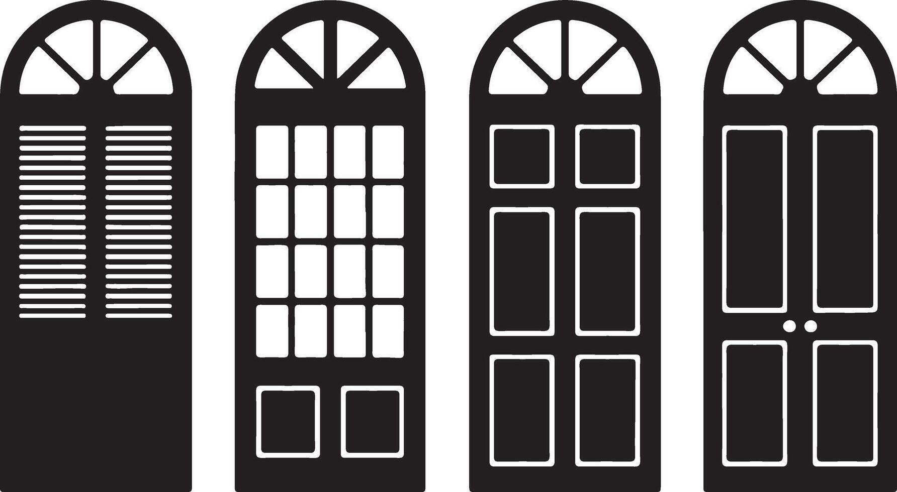 Elegant Black and White Door Designs Four Stylish Arched Doorways with Paned Windows and Louvered Shutters, Ideal for Home Decor Inspiration vector