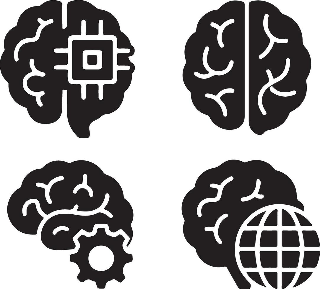 Four Striking Black Silhouettes of Brains Illustrating Artificial Intelligence, Global Connectivity, and Cognitive Processes against a Clean White Background vector