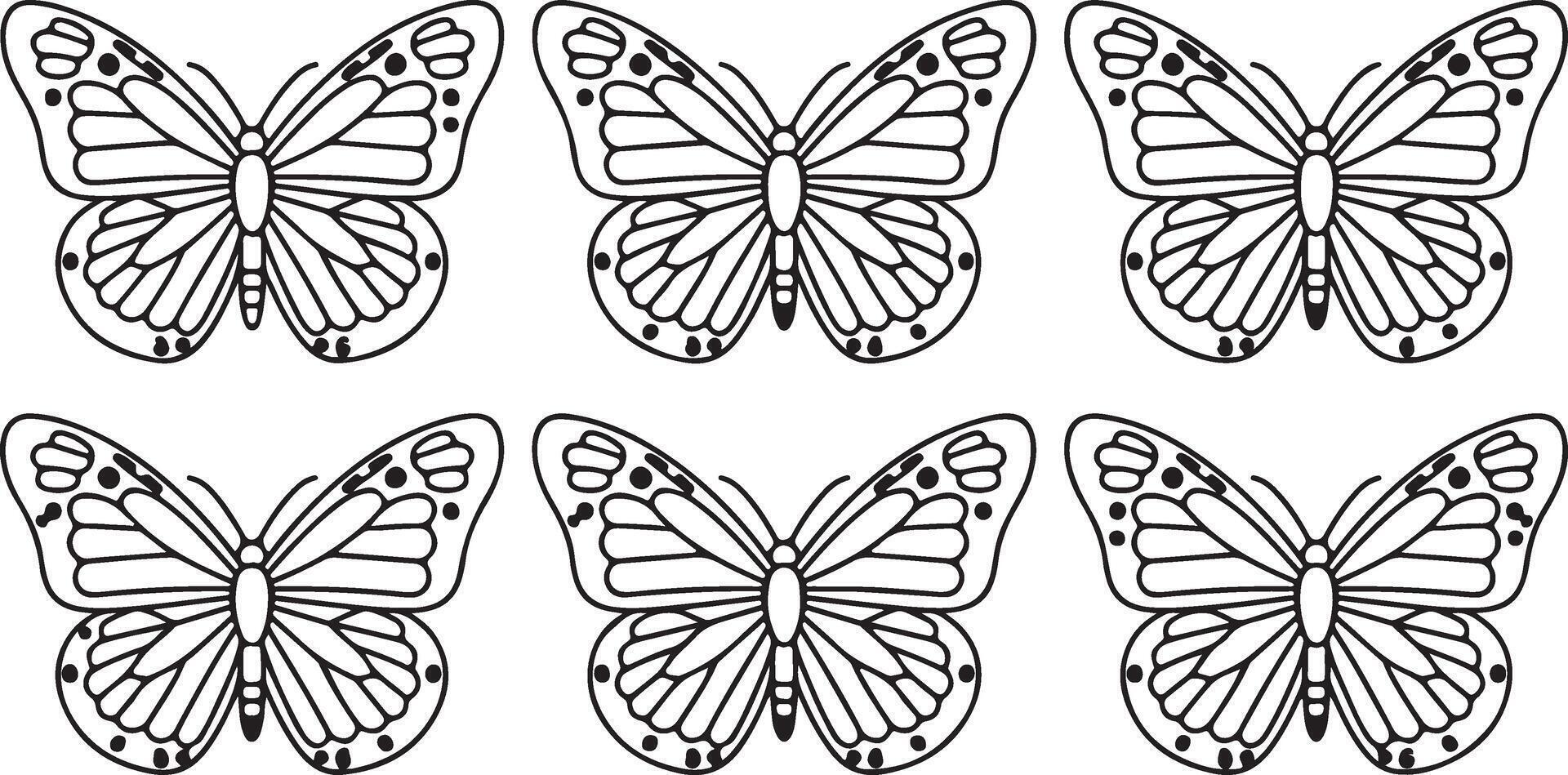 Six Serene Black and White Butterflies Coloring Page A Calming Nature-Inspired Design for Relaxation - Professional digital artwork with vibrant colors and detailed composition vector