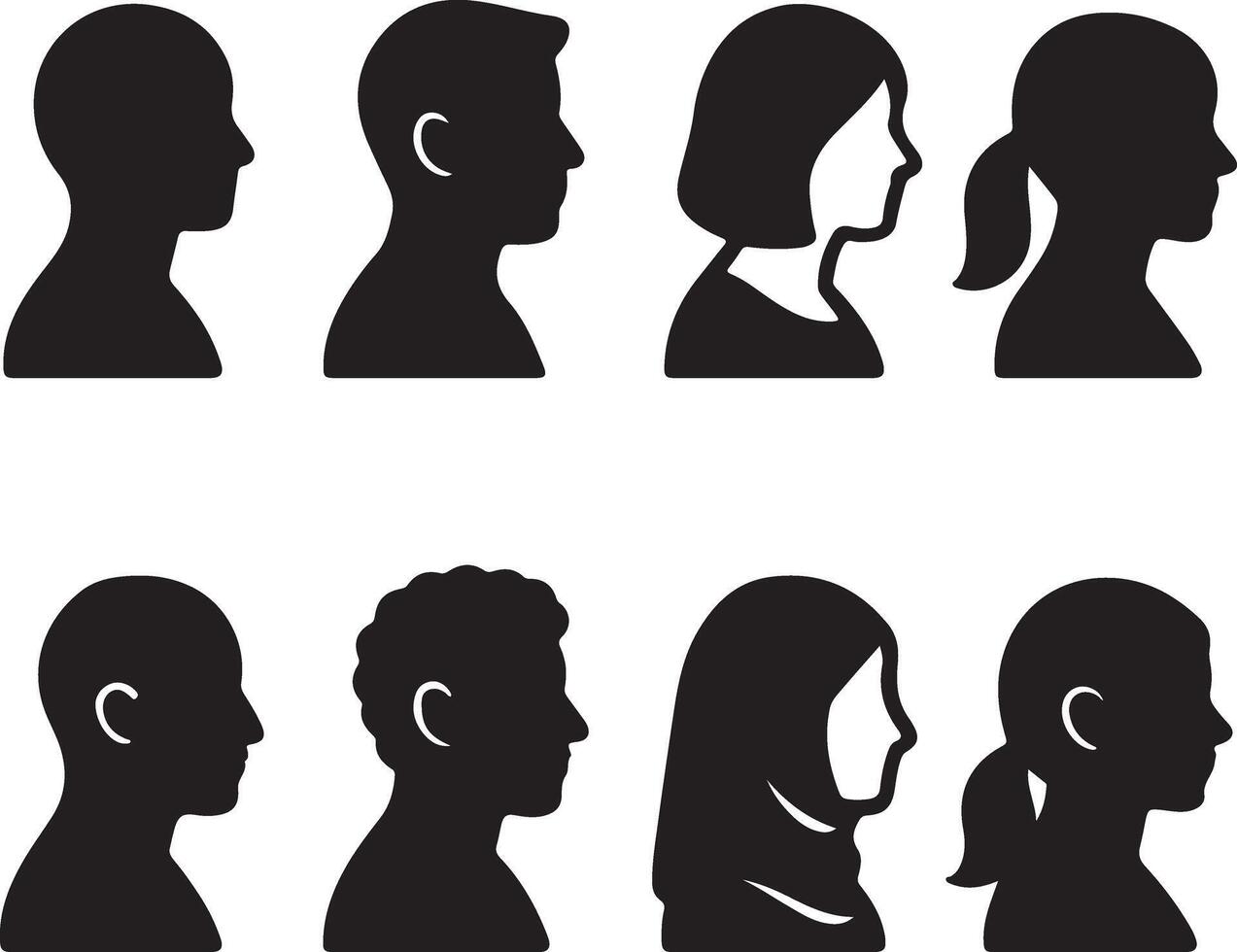 Eight Diverse Person Silhouettes in Profile View A Collection of Black and White Headshots Illustrating Gender, Hair, and Head Covering Diversity vector