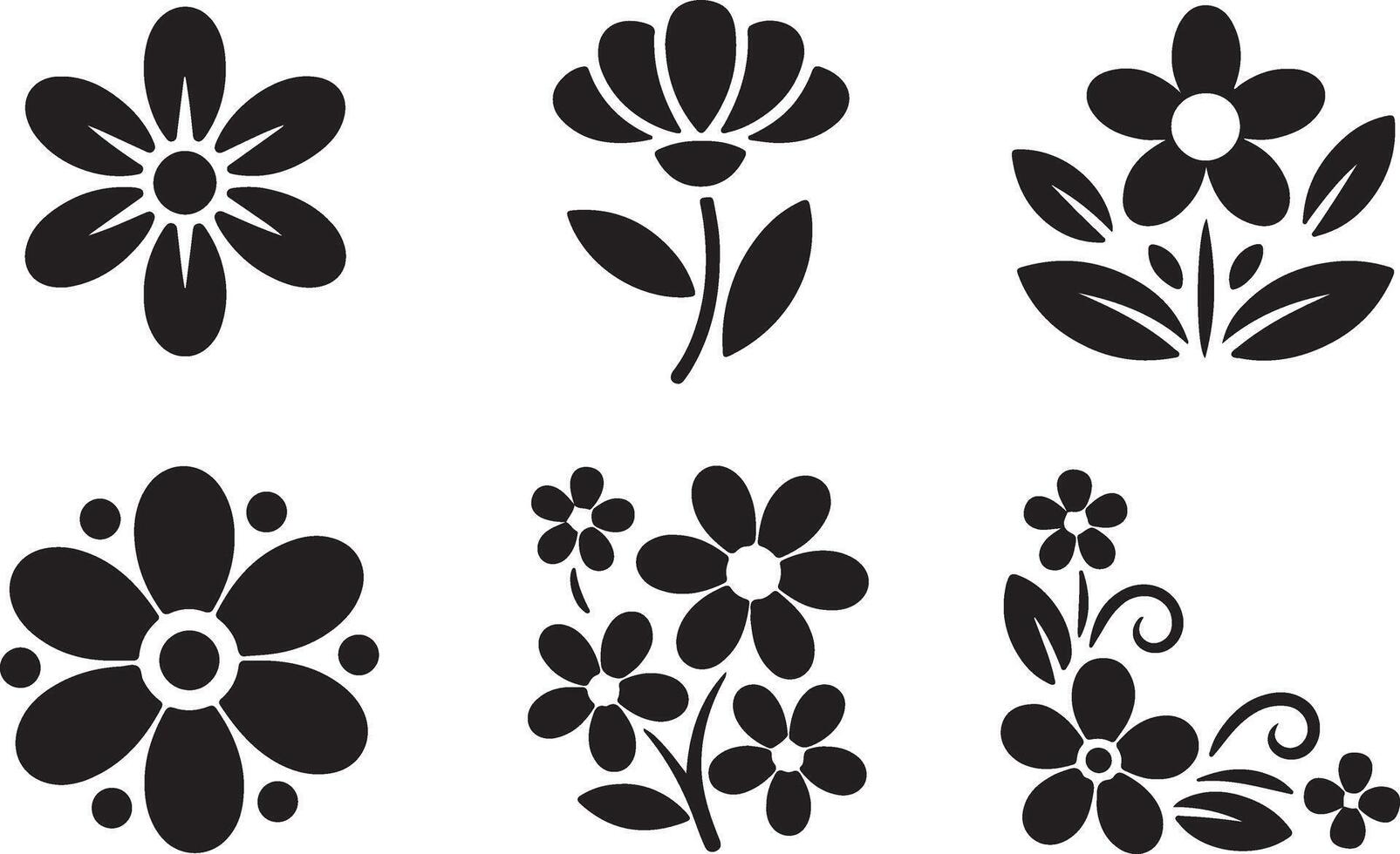 Six Elegant Black and White Floral Silhouettes Simple Flower Designs for Springtime Decor - Professional digital artwork with vibrant colors and detailed composition vector