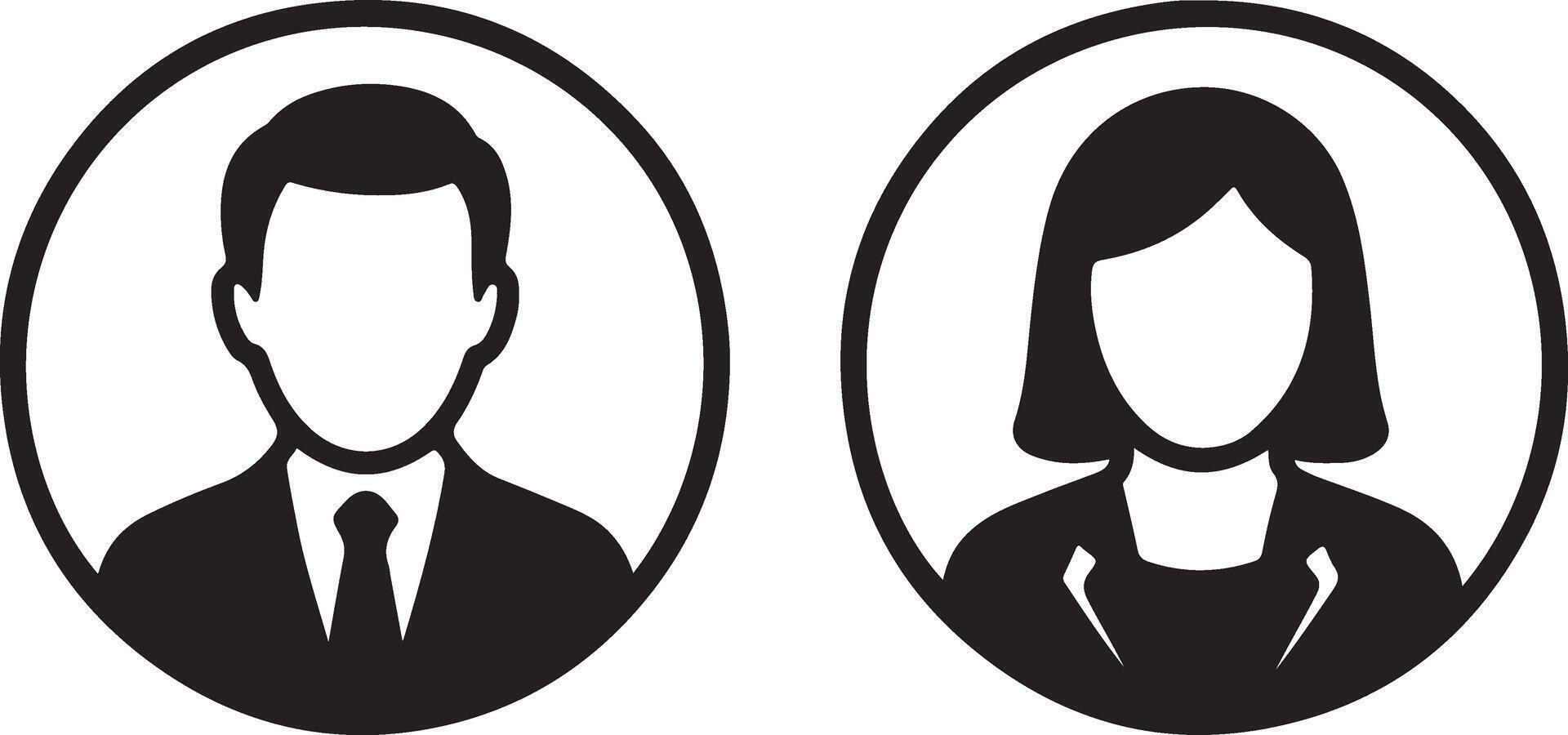 Simple, Stylish Black and White Male and Female Business Person Icons, Professional Profile Pictures, Circular Avatar Images for Website Design vector