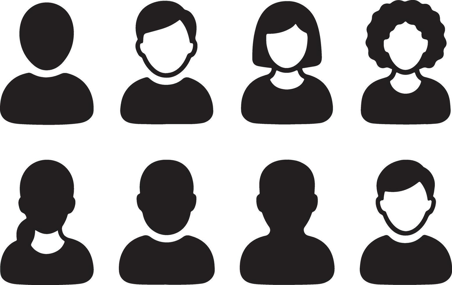 Eight Simple Black Silhouettes of Diverse People User Icons for Websites and Apps - Professional digital artwork with vibrant colors and detailed composition vector