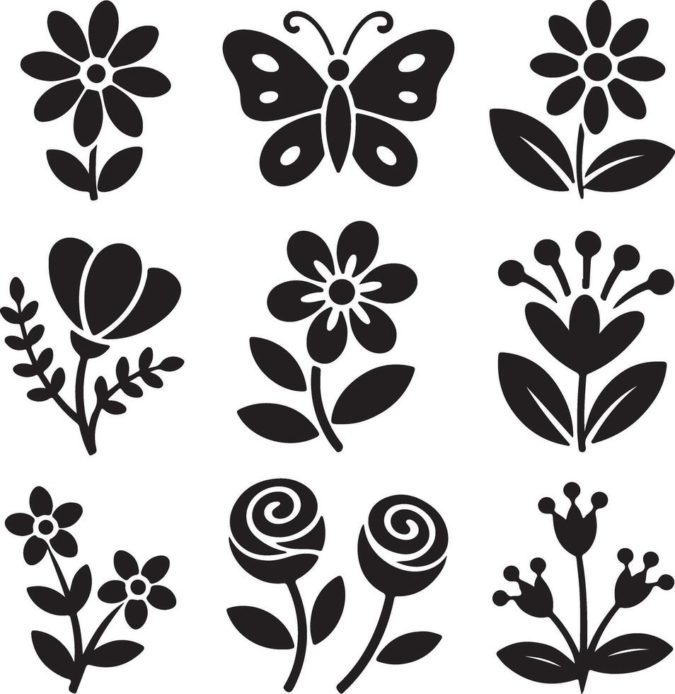 Elegant Black and White Floral Icons A Collection of Silhouettes Featuring Flowers, Butterfly, and Botanical Designs for Spring Decor vector