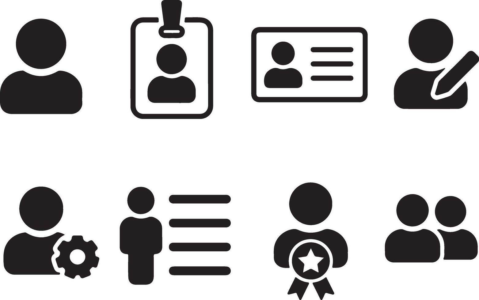 Eight Simple Black User Profile Icons Person, ID Card, Profile Editing, Settings, List, and Award, Representing Efficient Personnel Management vector