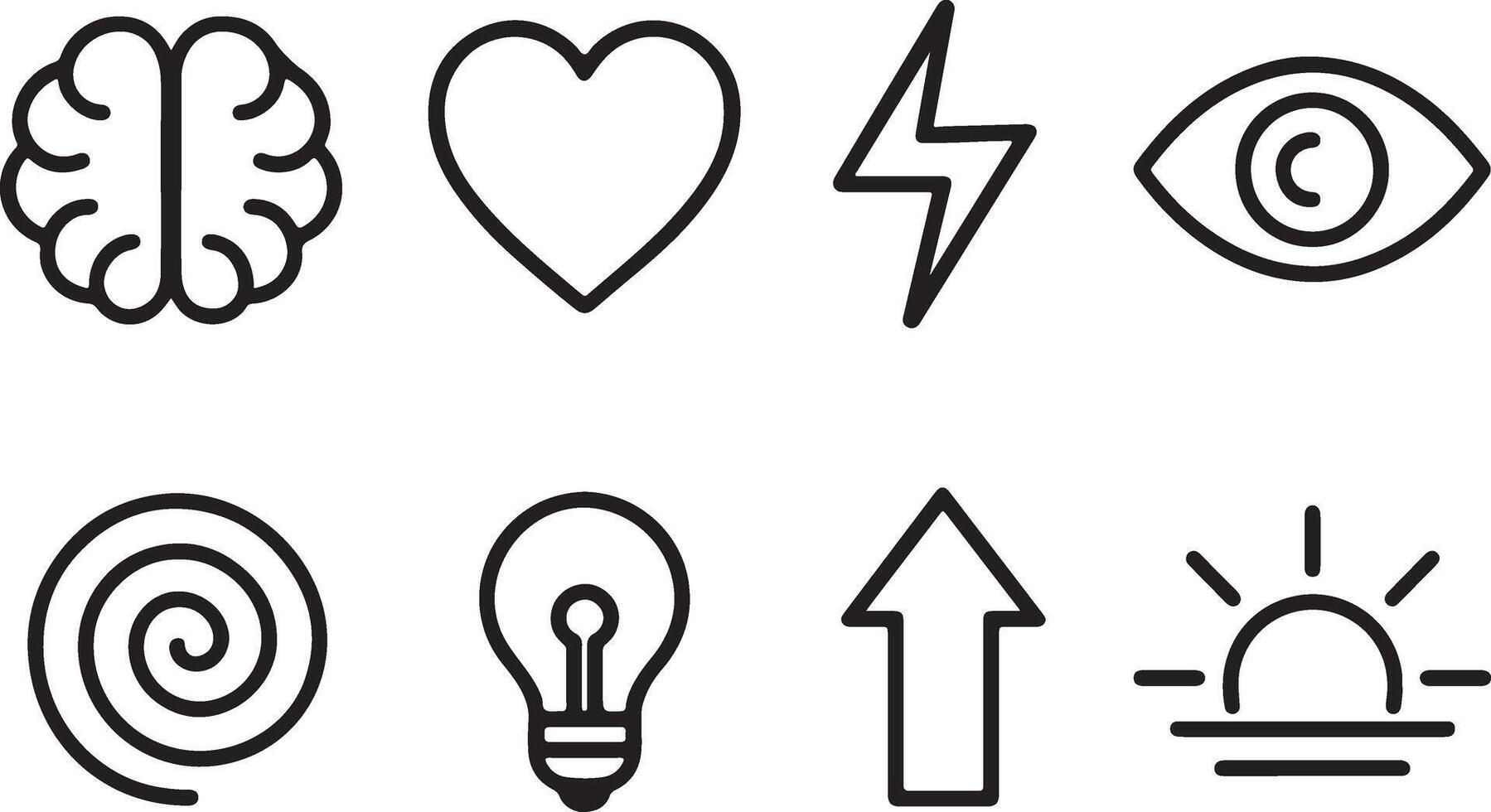 Eight Minimalist Line Art Icons Brain, Heart, Lightning, Eye, Spiral, Lightbulb, Up Arrow, and Sunrise Inspiring Positive Energy vector
