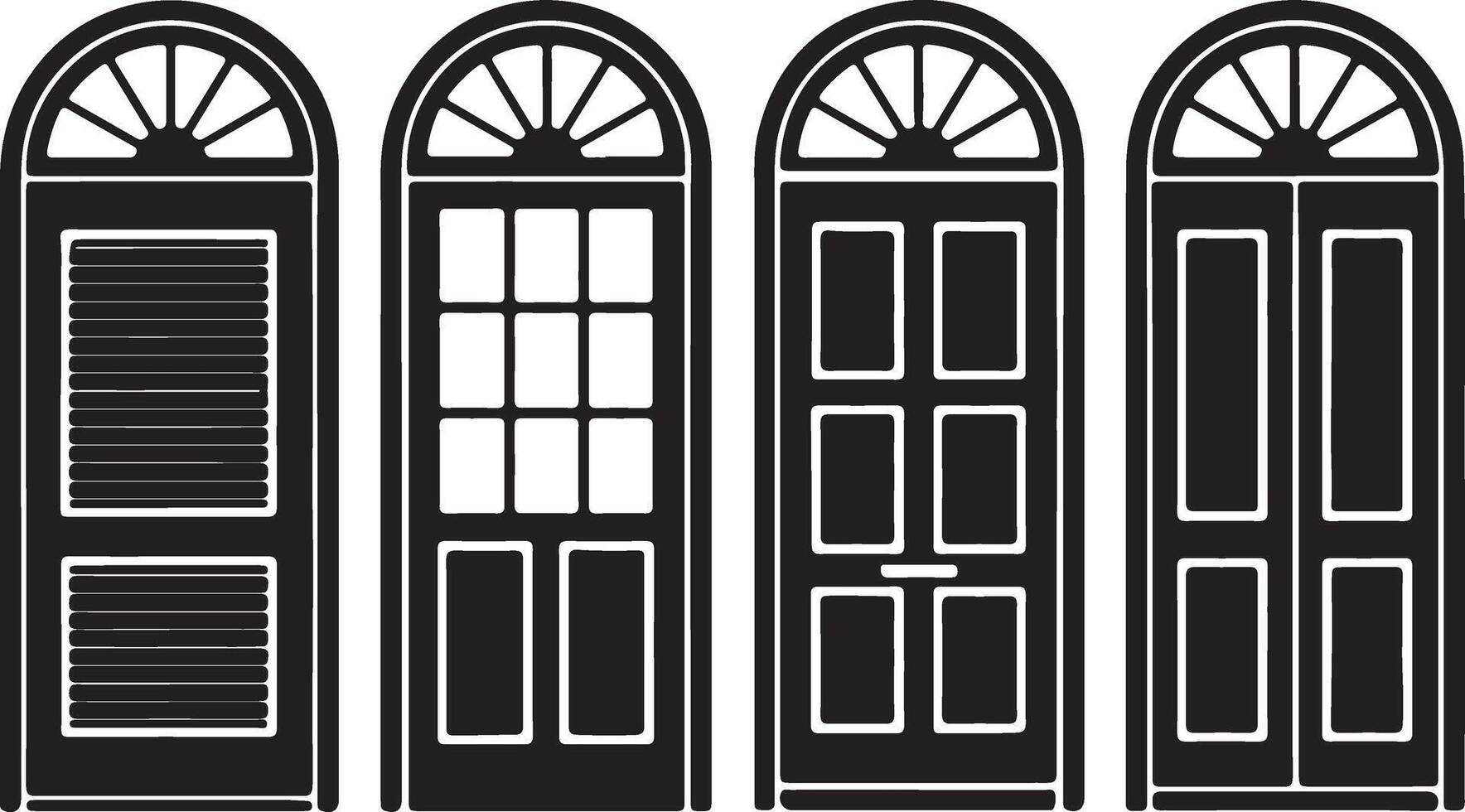 Elegant Black and White Door Designs Four Classic Arch Top Entryways with Panes, Shutters, and Louvers for Home Decor Inspiration vector