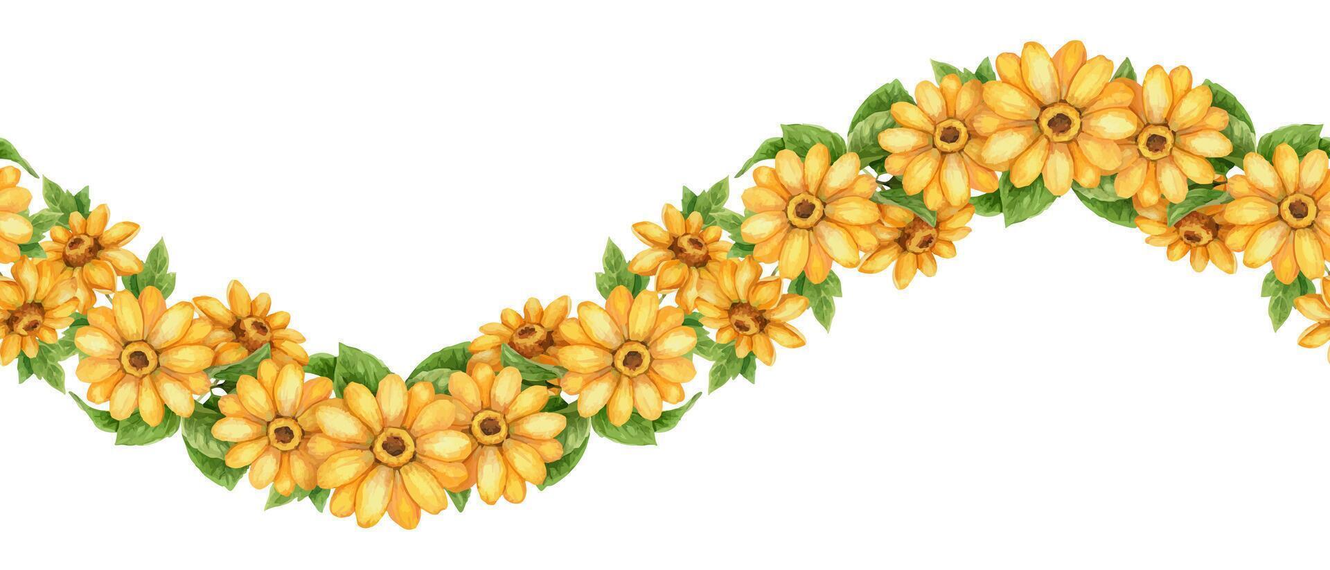 Wave seamless sunflower border with yellow bloom and green leaf. Bright watercolor art with hand drawn botanical flair. Great for vacation card design floral print and vibrant summer holiday decor. vector
