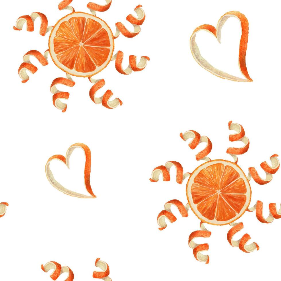 Orange slice with heart shaped peel and sun seamless pattern. Watercolor summer illustration on white background. Ideal for fabric or wallpaper print design and bright tropical decorative concept. vector