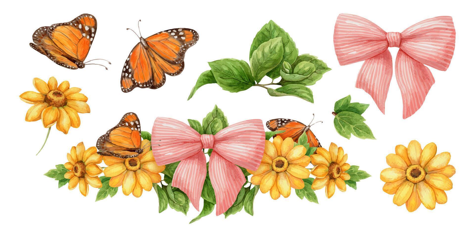 Butterflies and flowers with bows vector