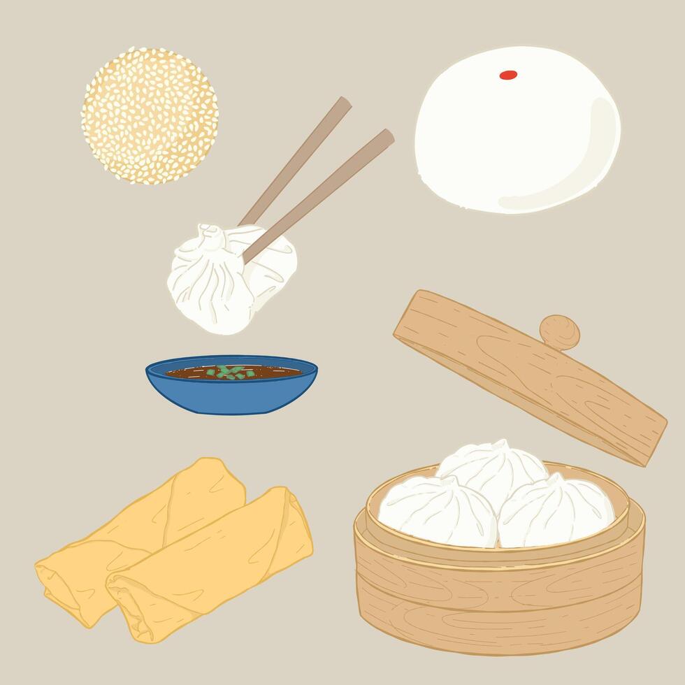 Chinese food dim sum and spring roll ,Hand drawn asian food for festival vector