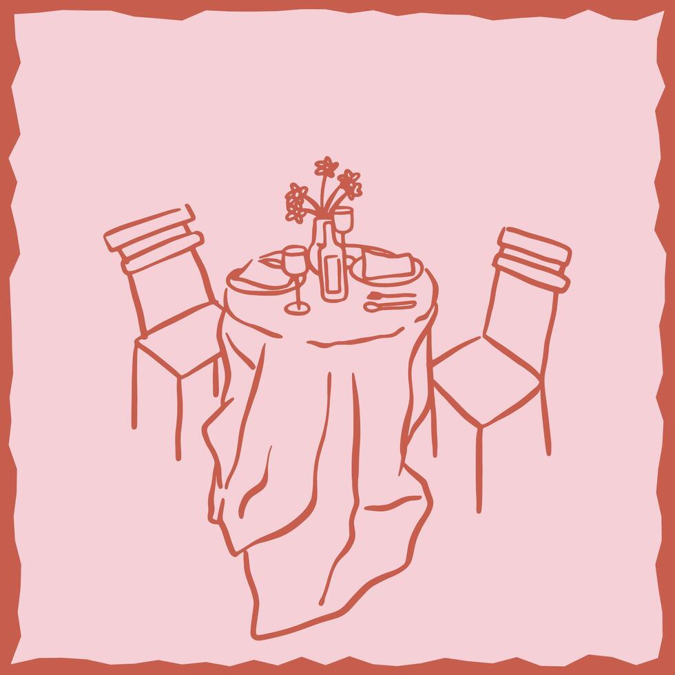 Doodle-style line art illustration of a romantic dinner. Features elements like a table for two, wine glasses, candles, flowers, and plated meals in a cozy atmosphere. vector