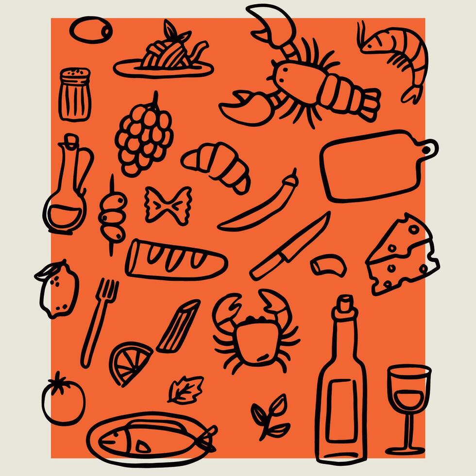 Set of doodle-style linear illustrations inspired by Italian cuisine. Elegant dining. vector