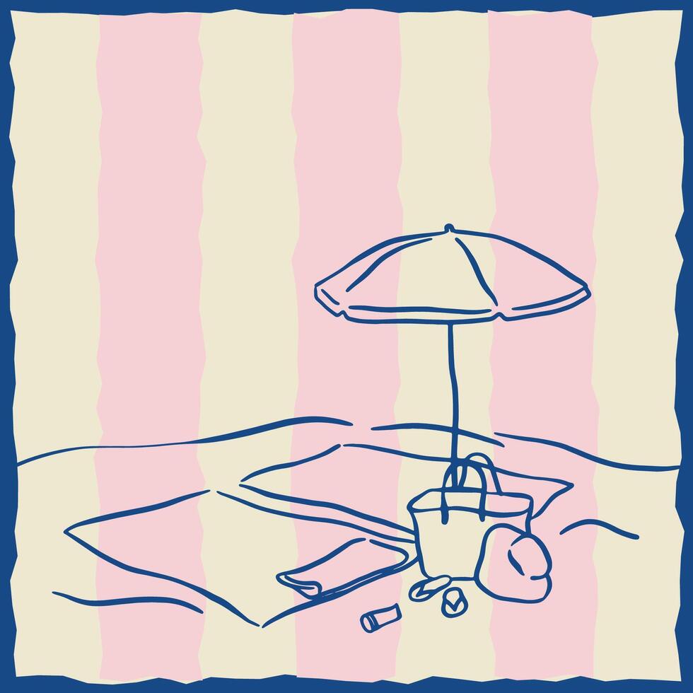 Doodle-style illustration of a summer beach vacation, minimalist design. Ideal for travel, publishing, stationery, or summer product design. vector