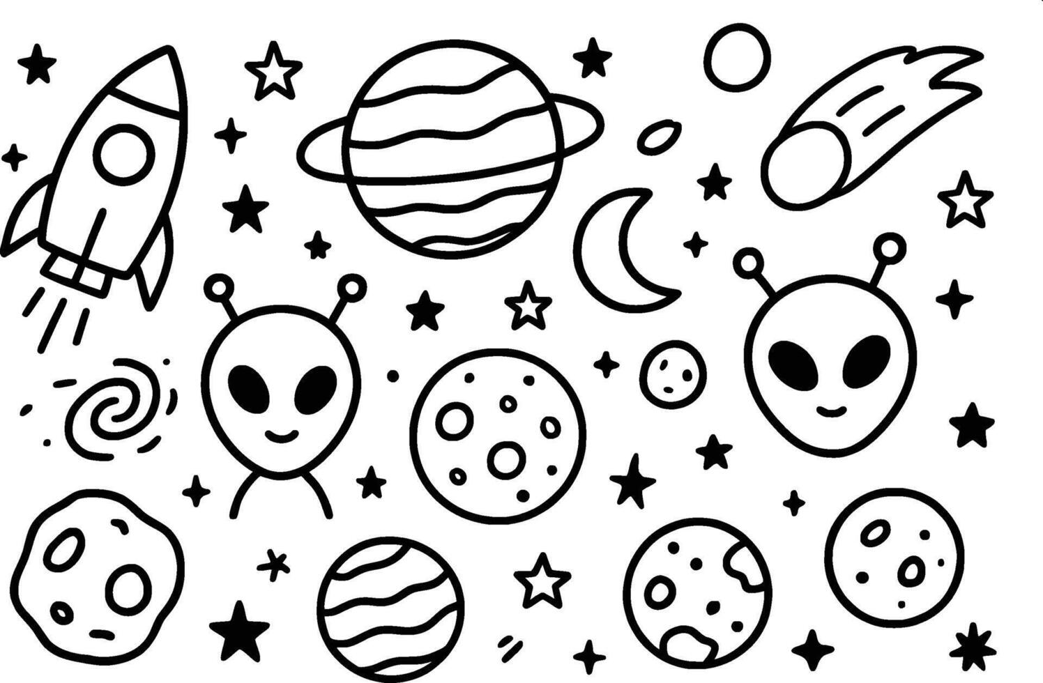 Cute Space Doodle Aliens Planets and Stars Hand Drawn art vector