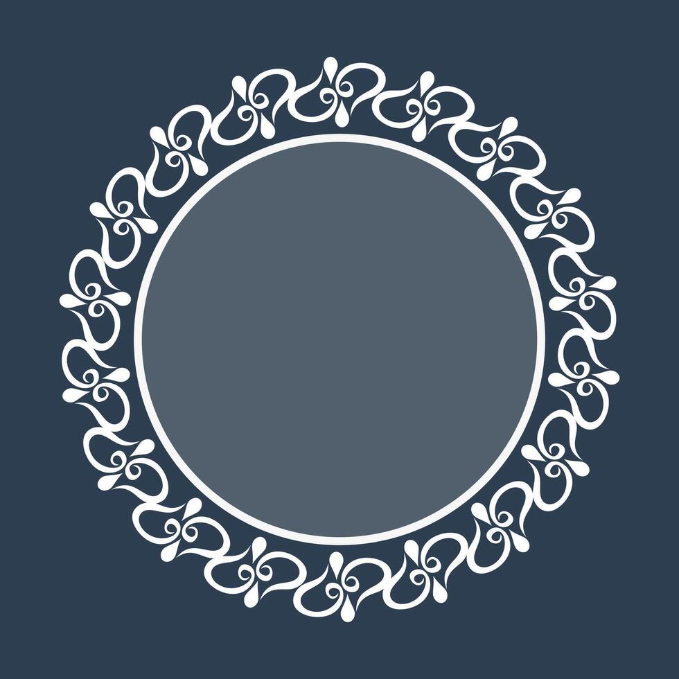 Distinguished White Ornate Circular Frame Against a Deep Navy Blue Background for Refined Aesthetics vector