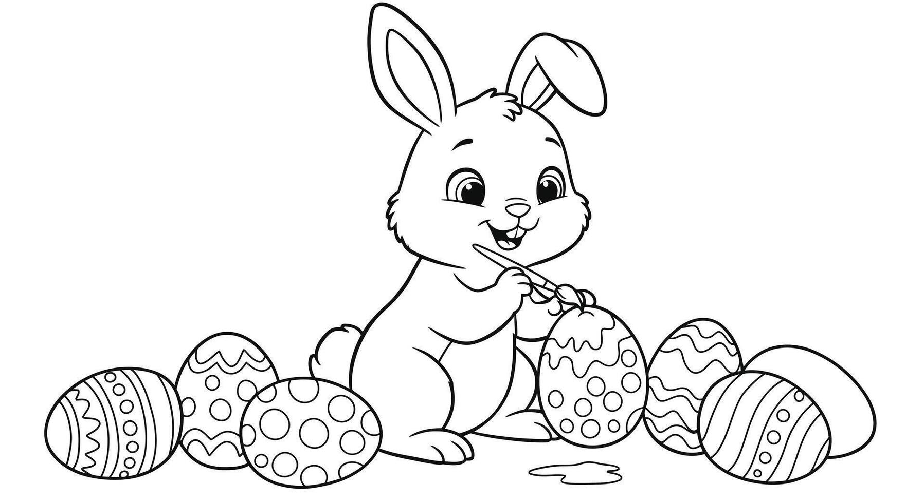 Artistic Bunny Character Painting Easter Eggs Coloring Page for Kids vector