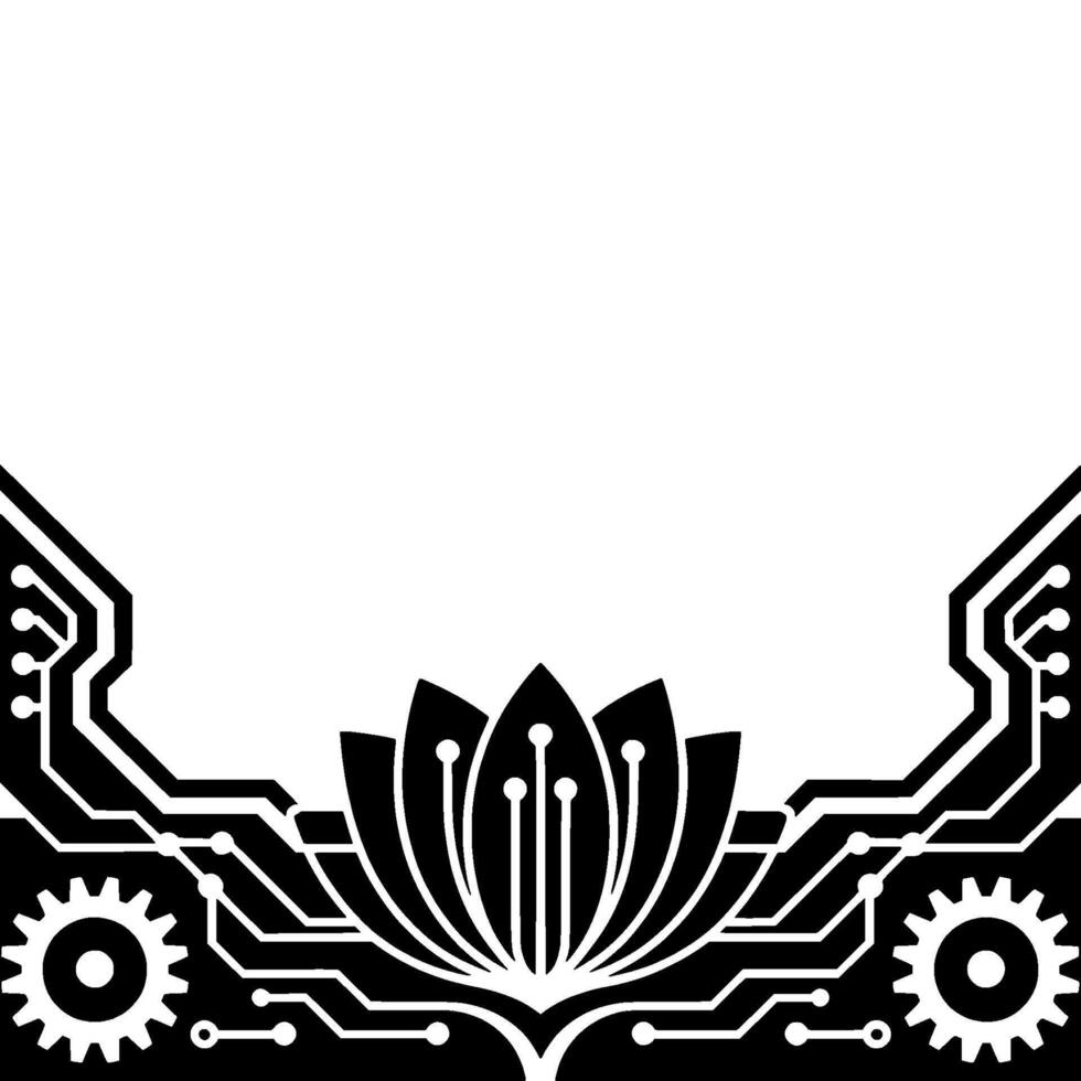 Tech Lotus Abstract Digital Art, Black And White, Circuit Board vector