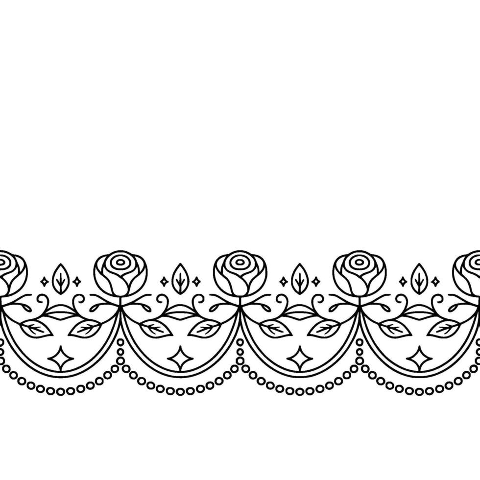 Elegant Floral Border Rose, Leaves, Beads, Black Outline, White Background vector