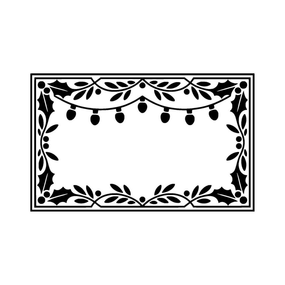 Festive Black and White Rectangular Frame with Holly and Lights vector