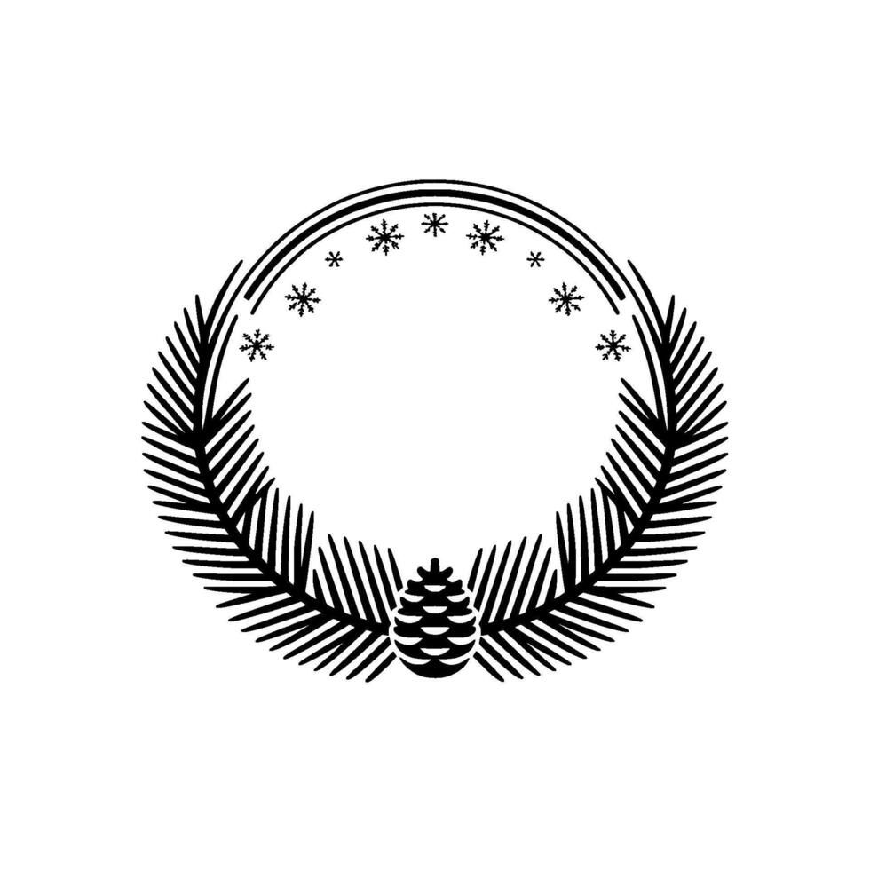 Minimalist Christmas Wreath Illustration, Black and White, Simple Holiday vector