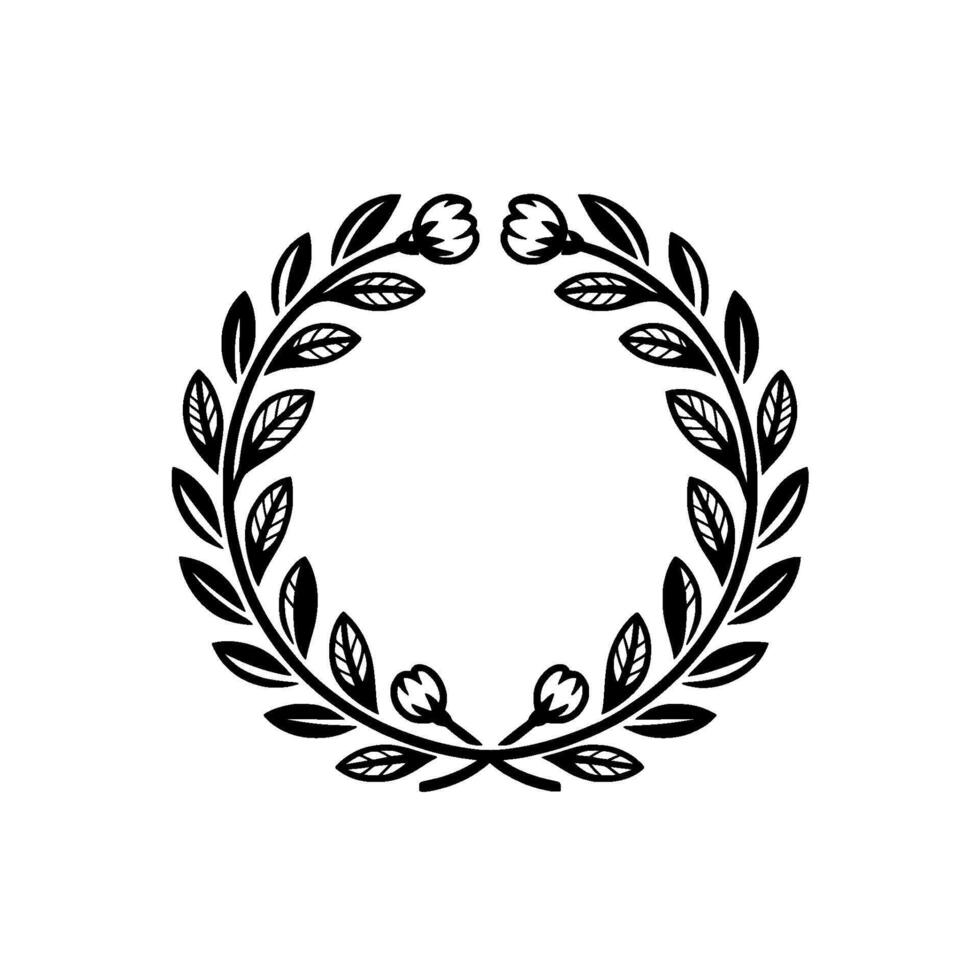 Minimalist Laurel Wreath with Floral Accents in Black and White vector
