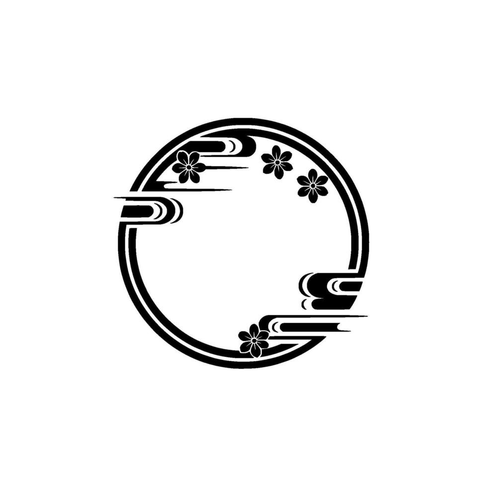 Japanese Floral Circle Ornament, Minimalist Black and White vector