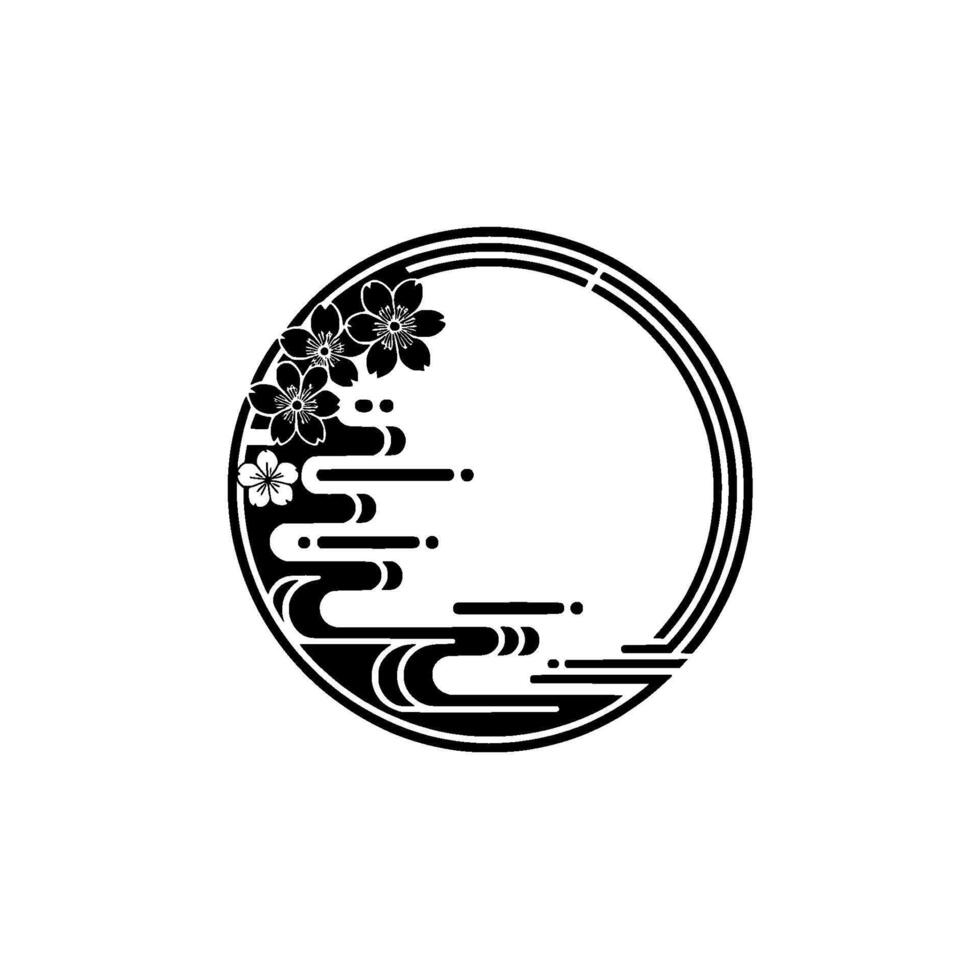 Japanese Cherry Blossom Circle Emblem, Minimalist Black White vector