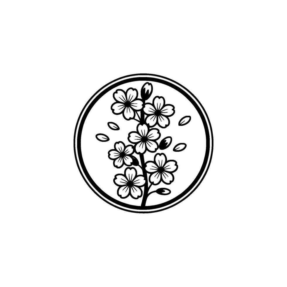 Elegant Cherry Blossom in Circle, Minimalist Line Art vector