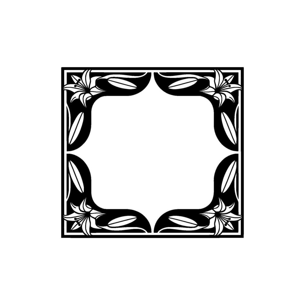 Elegant Black and White Lily Frame, Art Nouveau Floral Border, Blank Space vector
