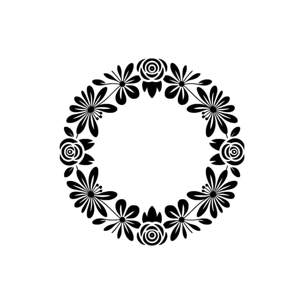 Elegant Black Floral Wreath on White Background, Circle vector