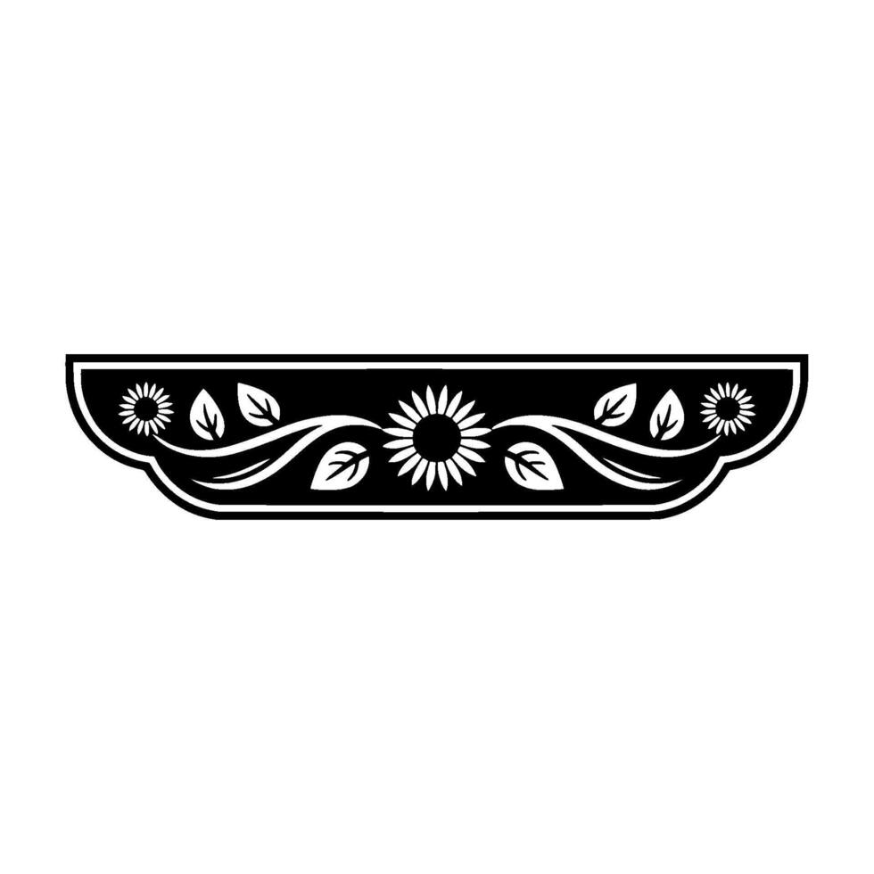 Floral Scrollwork Border Sunflowers and Leaves, Black and White vector