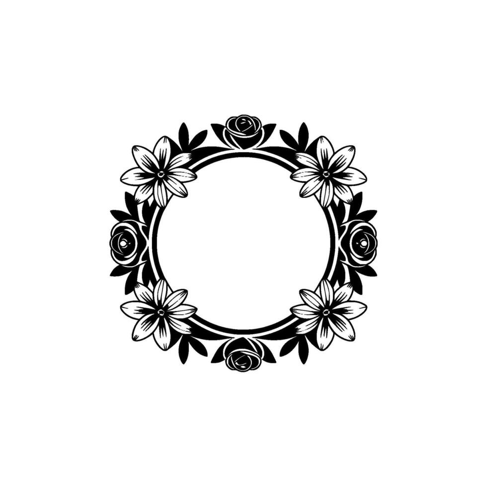 Floral Circle Frame - Elegant Black and White vector