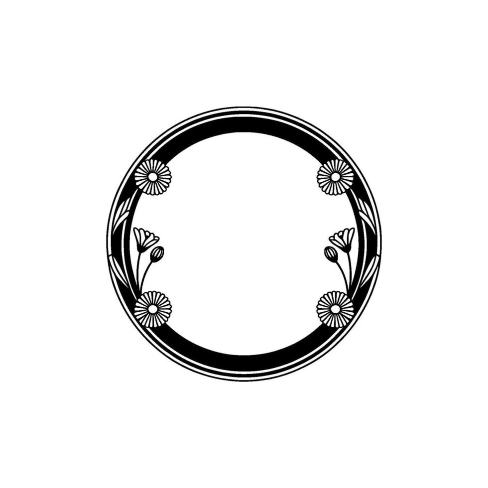 Black White Floral Circle Frame Elegant Element vector