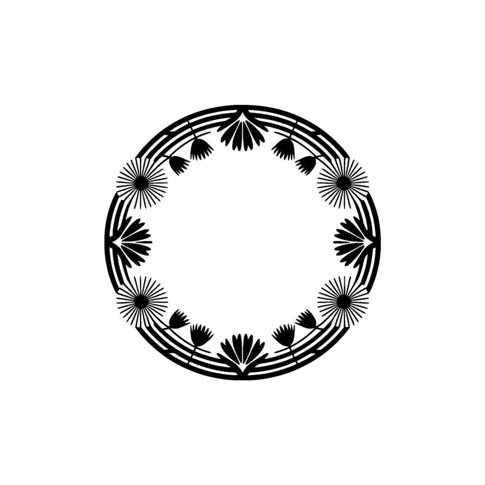 Black White Floral Circle Frame, Minimalist vector