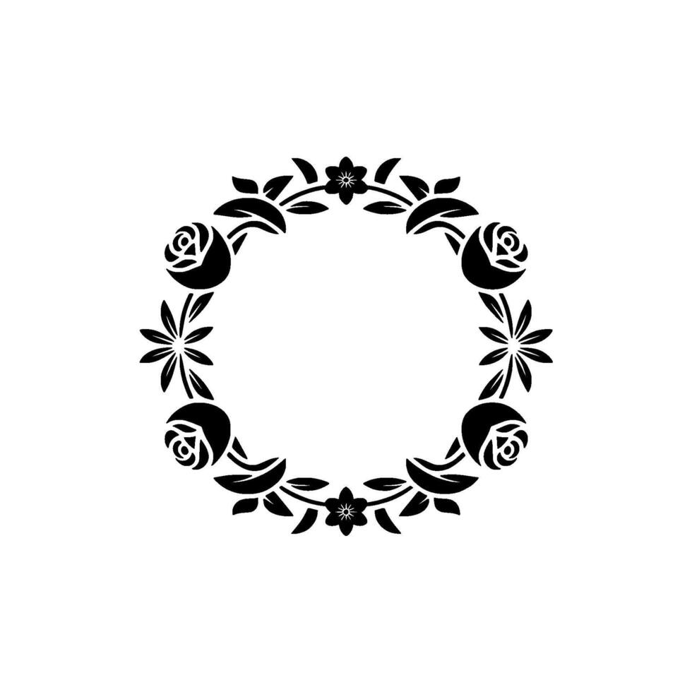 Elegant Floral Wreath Silhouette, Decorative Circle Frame, Monochromatic vector