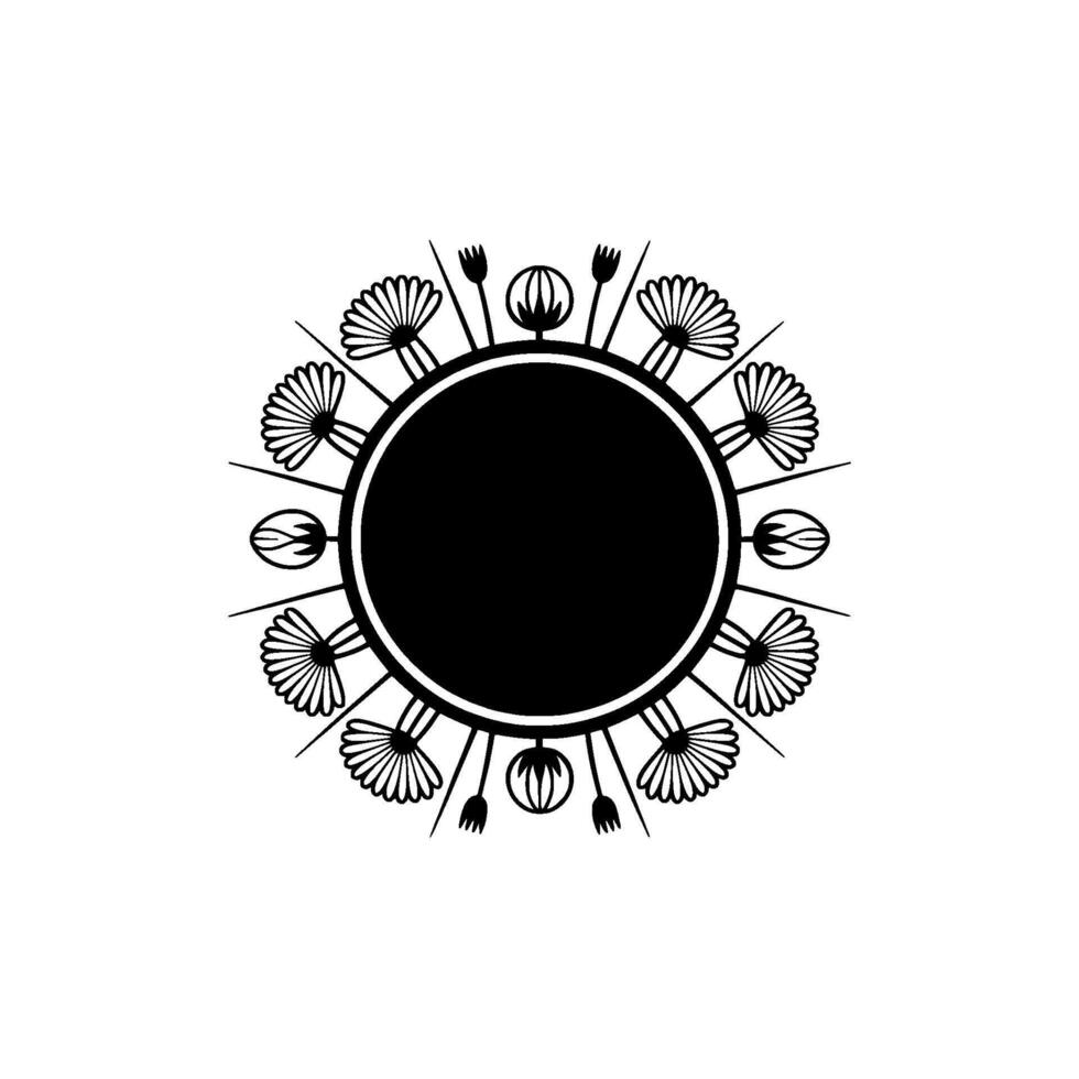 Decorative Floral Circle Frame in Black and White - Minimalist vector