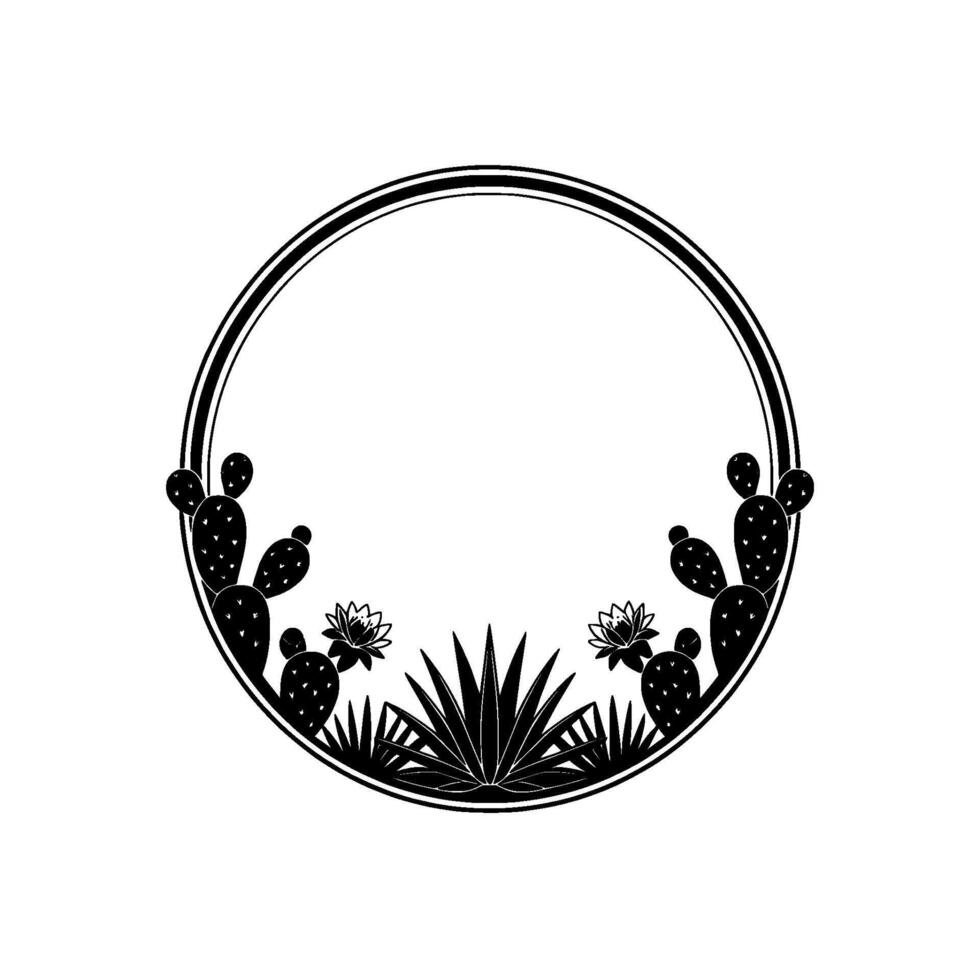 Minimalist Desert Plant Circle Frame - Black and White vector