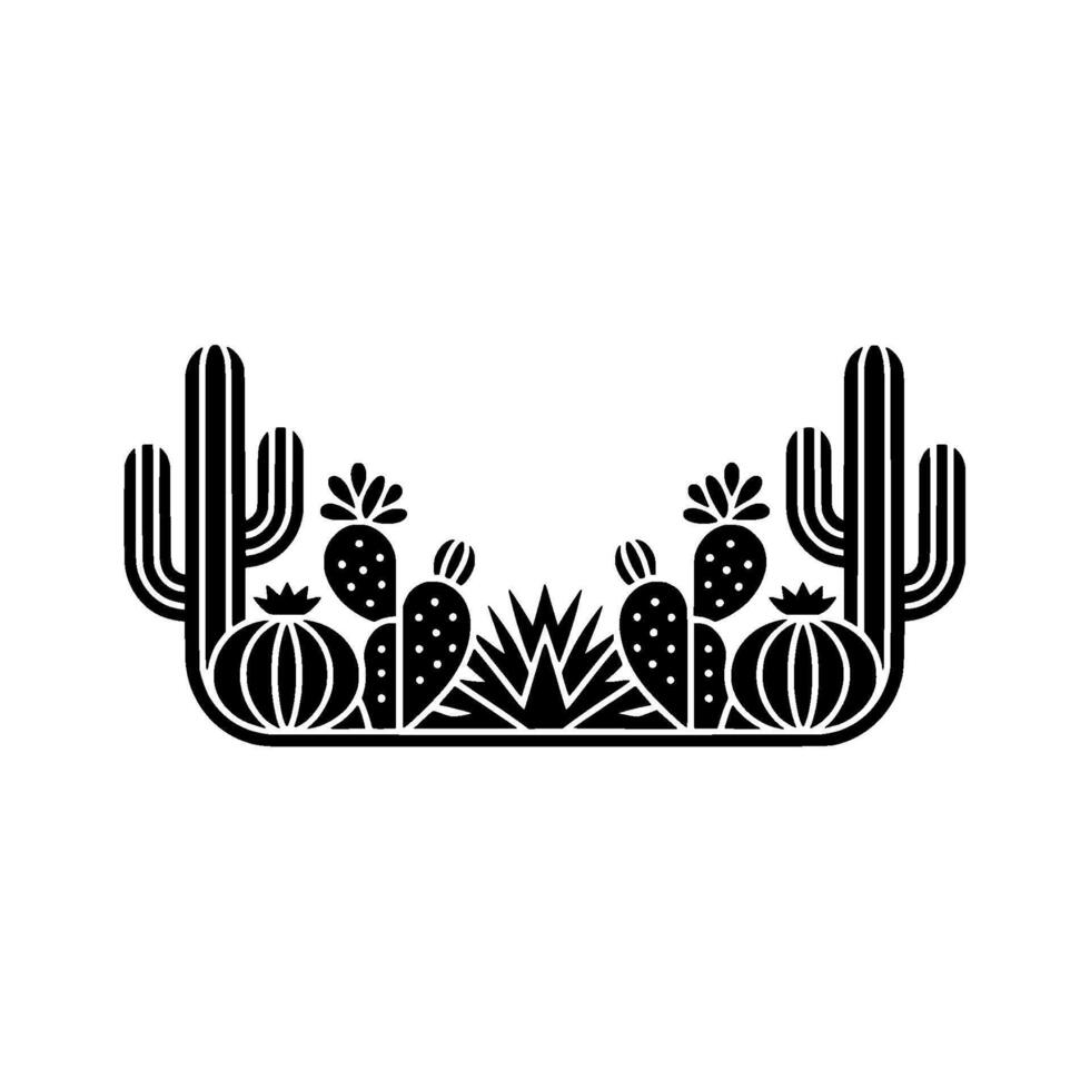 Geometric Desert Cactus Border, Black and White vector