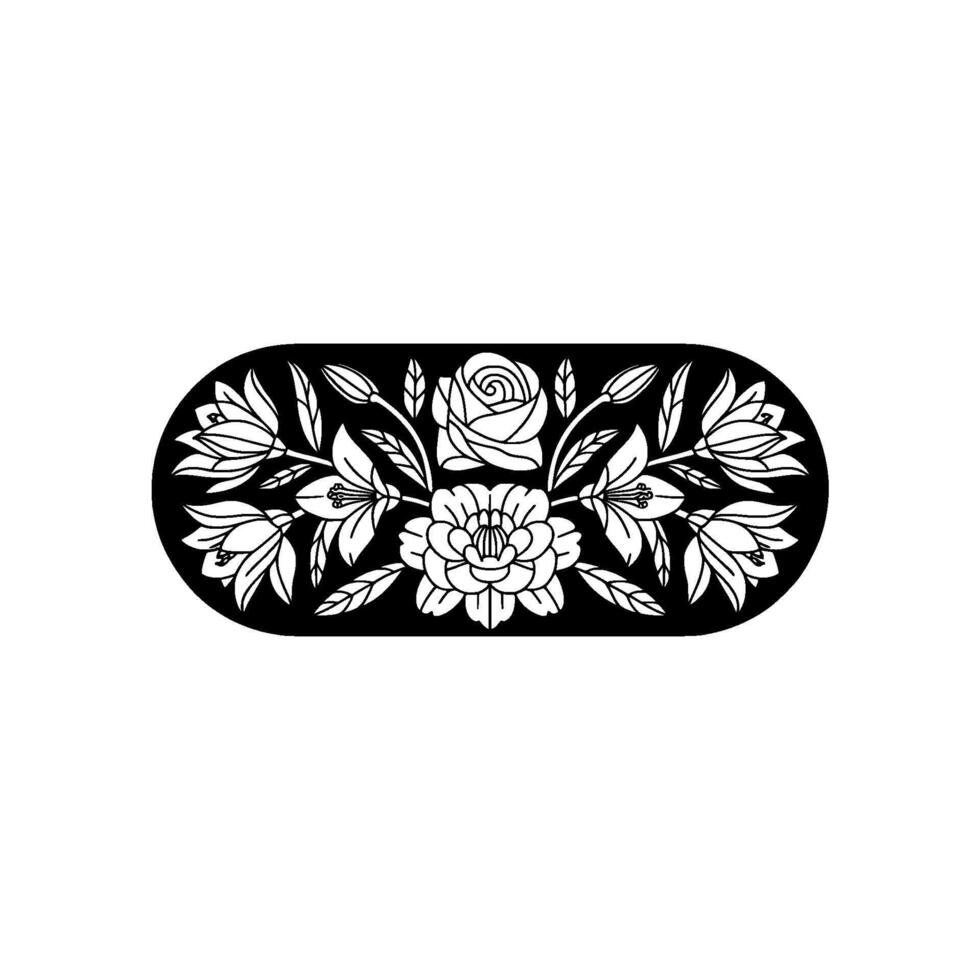 Elegant Floral Pattern in Oval Frame, Black and White vector